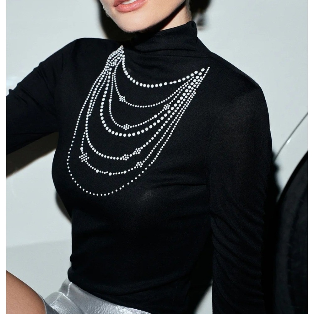 Commense Black semi sheer Turtleneck Long Sleeve Top Pearl Graphic Back Small